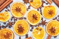 Christmas composition with dried oranges, cinnamon, anise and nuts on a gray concrete background. Flat lay top view Royalty Free Stock Photo