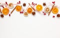 Christmas composition with dried oranges and spices on white background. Natural food ingredient for cooking or Christmas decor