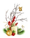 Christmas composition with dry twig, pine branches, red berries, candle and holiday decorations isolated on white
