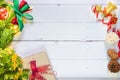 Christmas composition festive background. Christmas decorations and xmas gift boxes on wooden white table. Celebration for holiday Royalty Free Stock Photo