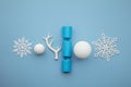 Christmas composition. Festive cracker with winter snowflake, antler and balls