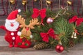 Christmas composition of fir branches decorated with bows and balls Santa Claus reindeer on a wooden background Royalty Free Stock Photo