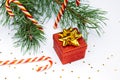 Christmas composition. Fir tree branch, red gift box, candy canes with gold confetti on white  background Royalty Free Stock Photo