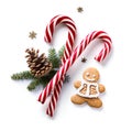 Christmas composition with fir tree branches and holiday ornament on white background. Flat lay, top view