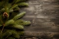 Christmas composition. Christmas fir tree branches on wooden background. Flat lay, top view. Copy space. Generative AI Royalty Free Stock Photo