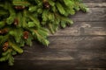 Christmas composition. Christmas fir tree branches on wooden background. Flat lay, top view. Copy space. Generative AI Royalty Free Stock Photo