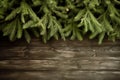Christmas composition. Christmas fir tree branches on wooden background. Flat lay, top view. Copy space. Generative AI Royalty Free Stock Photo