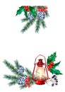 Christmas composition of fluffy spruce branches with winter cones, green holly, red viburnum berries, mountain ash, lantern with