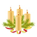 Christmas composition. Four burning wax candles, decorated with