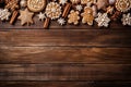 Christmas composition, frame with ginger snap, cookie and gingerbread, on brown wooden background. Generative AI Royalty Free Stock Photo