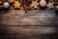 Christmas composition, frame with ginger snap, cookie and gingerbread, on brown wooden background. Generative AI Royalty Free Stock Photo