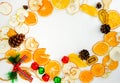 Christmas composition. Fruits, Snowflakes, Fir Cones on white background. Christmas, winter, new year concept. Flat lay, top view