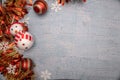 Christmas composition of garland snowflakes ornaments and snowman on a wash blue background isolated