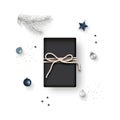 Christmas composition. Gift box, Christmas balls, star, gray fir tree, isolated on white background. Top view. Flat lay. Minimal. Royalty Free Stock Photo