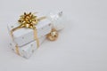 Christmas composition. Christmas gift boxes with Christmas balls on white background