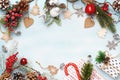 Christmas composition. Gift boxes fir branches on a snowy white background. Frame border flat lay top view copy space Royalty Free Stock Photo