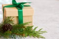 Christmas composition. Christmas gift, jute, pine cone and fir twigs on light background