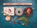 Christmas composition, gift, twine, mulled wine, on a blue background, top view