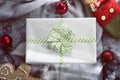 Christmas composition. Gifts, fir tree branches, red decorations on background. Christmas, winter, new year concept. Flat lay, top Royalty Free Stock Photo