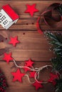 Christmas composition. Gifts, fir tree branches, red decorations on wooden background. Christmas, winter, new year holiday concept Royalty Free Stock Photo