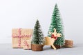 Christmas composition. Gifts, small tree, branches and craft DIY decorations on white background. New year concept Royalty Free Stock Photo