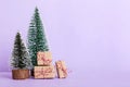 Christmas composition. Gifts, small tree, branches and craft DIY decorations on white background. New year concept Royalty Free Stock Photo