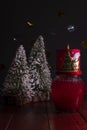 Christmas composition with glass globe containing snow and red glitter, Christmas candle and snow-covered fir trees Royalty Free Stock Photo