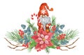 Christmas composition with Gnome, poinsettia, greenery, spruce, pine tree twig and holly berries. New Year design ornate Royalty Free Stock Photo