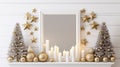 Christmas composition with gold mock up poster frame, white chimney and decoration. generative ai