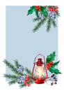 Christmas composition green spruce branches with blue cones, holly berries and a red lantern with a burning candle. Royalty Free Stock Photo