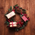 Christmas composition handmade christmas wreath with gift box on