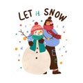 Christmas composition with happy girl embracing snowman and Let it snow lettering. Child hug funny snow man. Vector flat Royalty Free Stock Photo