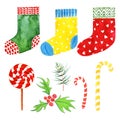 Christmas composition. 8 highly detailed Christmas watercolor illustrations. Royalty Free Stock Photo