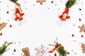 Christmas composition of homemade Angels and christmas tree on white background. Top view, flat lay, copy space. Royalty Free Stock Photo