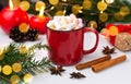Christmas composition with hot chocolate or cocoa with marshmallows in red cup. Christmas drink. Festive mood. Close-up. Selective Royalty Free Stock Photo