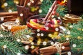 Christmas composition with mulled wine, selective focus with shallow depth of field