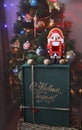 christmas composition with the Nutcracker, Happy New Year. Wooden toy Nutcracker