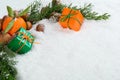 Christmas composition with nuts, tangerine, green branches and c