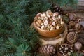 Christmas composition from nuts, tree branches, cones. mix of nuts. Royalty Free Stock Photo