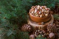 Christmas composition from nuts, tree branches, cones. mix of nuts. Royalty Free Stock Photo