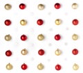 Christmas composition. Pattern made of red, golden balls and white snowflakes on white background. Christmas, winter, new year Royalty Free Stock Photo