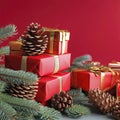 Christmas composition of pine cones, spruce branches and stack of gift boxes on red background