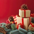 Christmas composition of pine cones, spruce branches and stack of gift boxes on red background Royalty Free Stock Photo