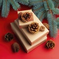 Christmas composition of pine cones, spruce branches and stack of gift boxes on red background