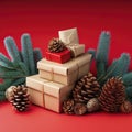 Christmas composition of pine cones, spruce branches and stack of gift boxes on red background Royalty Free Stock Photo