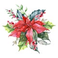 Christmas Composition with Poinsettia, Greenery and Sweets Hand Painted Watercolor Illustration