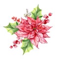 Christmas Composition with Poinsettia, Greenery and Sweets Hand Painted Watercolor Illustration