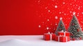 Christmas composition on a red background with a small Christmas tree decorated with silver balls. The background is studded with Royalty Free Stock Photo