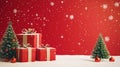 Christmas composition on a red background with a small Christmas tree decorated with silver balls. The background is studded with Royalty Free Stock Photo