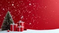 Christmas composition on a red background with a small Christmas tree decorated with silver balls. The background is studded with Royalty Free Stock Photo